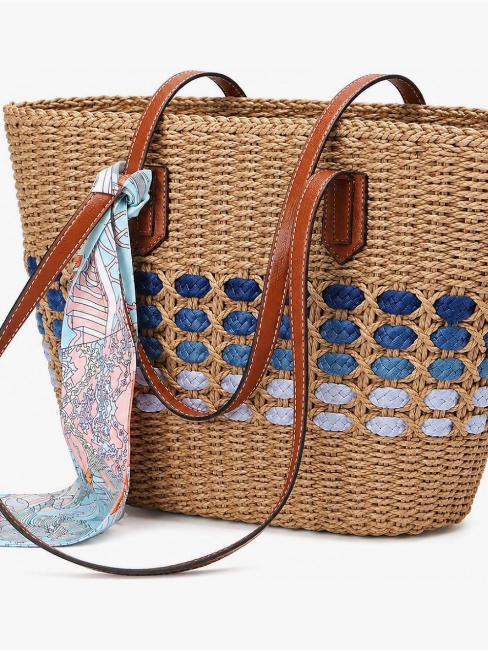 Woven Straw Tote Bag with Blue Accent Stripes Bohemian Beach Shoulder Handbag